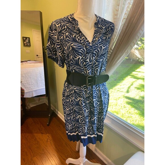 H & M Womens Midi Dress Small Short Sleeves V Neck Beachy Coastal Blue White - Picture 1 of 9